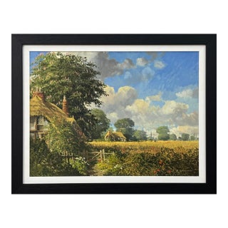 John Miller Thatched Cottages with Wild Flowers & Village Church in the English Countryside 1985 Circa For Sale