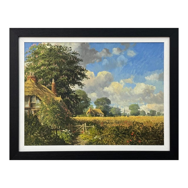 John Miller Thatched Cottages with Wild Flowers & Village Church in the English Countryside 1985 Circa For Sale