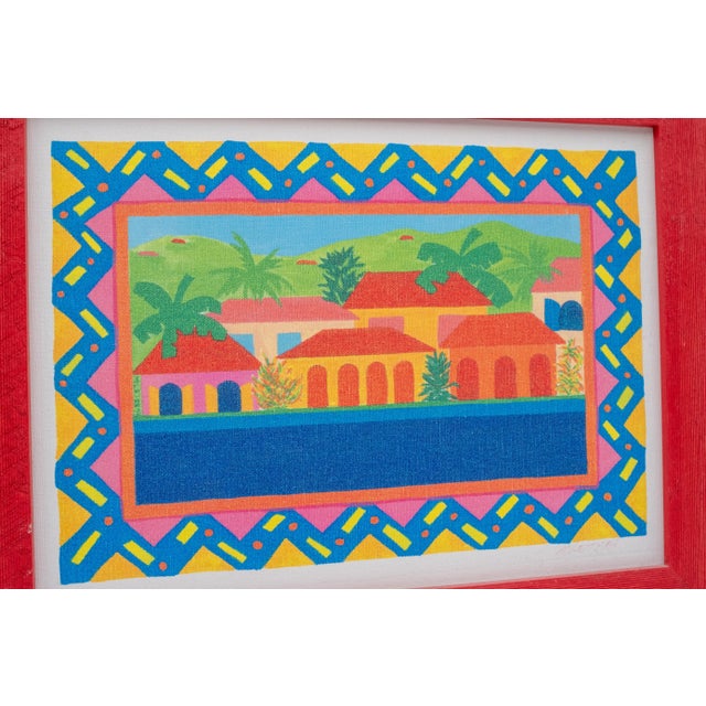 Pair of Tropical Caribbean Paintings "Red House & Bananas" and a Village (Untitled) Signed For Sale - Image 17 of 18