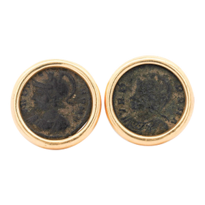 1990s Authentic Roman Coin 14k Gold Bezel Set Stud Earrings With Lever Backs, A Pair