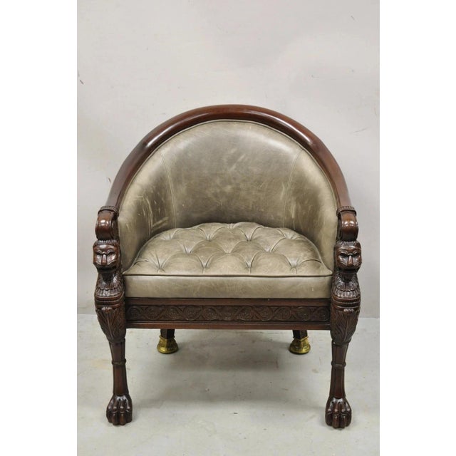 Baker Stately Homes Regency Style Grey Leather Lions Head Pull Up Tub Club Chair. Item features grey button tufted leather...