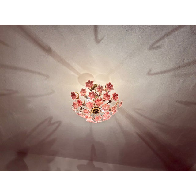Vintage Murano Glass Floral Chandelier – Rare Deep Pink Flowers, Flush Mount For Sale - Image 4 of 18
