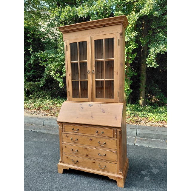 Tan Vintage Country Pine Secretary Desk With Glass-Front Bookcase For Sale - Image 8 of 12