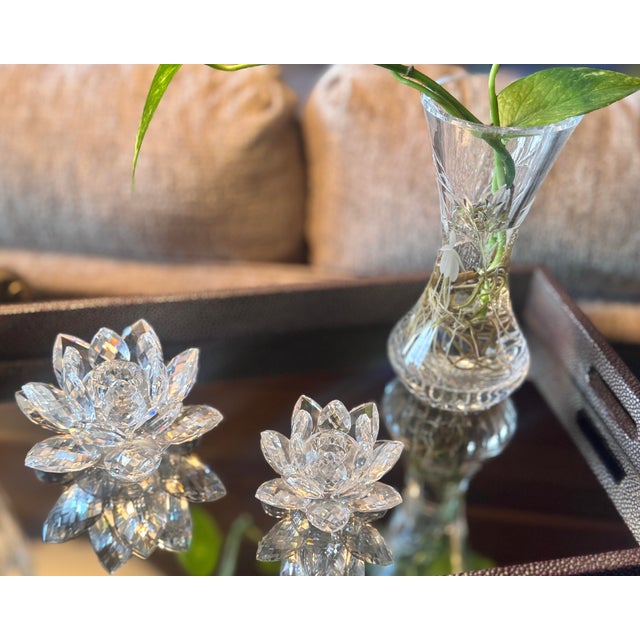 Late 20th Century Swarovski Crystal Water Lily Lotus Flower Candle Holders (Set of 2, One Large, One Small) For Sale - Image 5 of 11