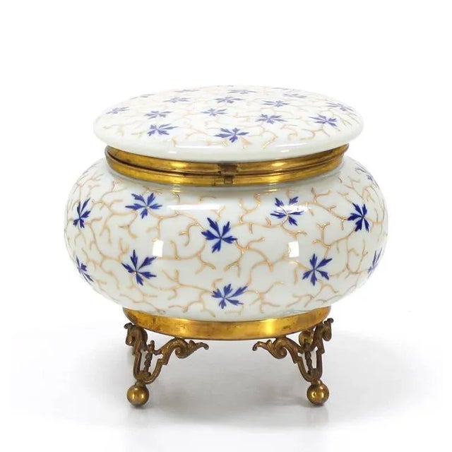 Very nice large enameled art glass jewelry dresser box center piece. Measures: 10" Diameter.