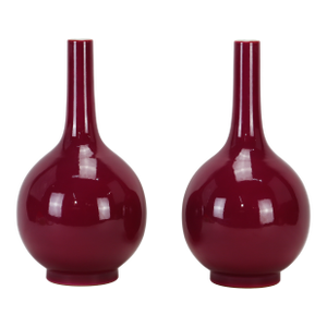 Pair of Yongzheng Mark, Chinese Early 20th Century Red Glaze Cone-Handled Vase