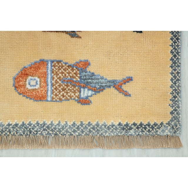 Textile Koi Fish Yellow Hand Knotted Runner Rug 2.6x12Ft. For Sale - Image 7 of 15