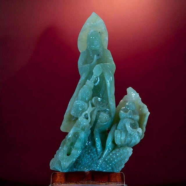 Translucent Jadeite Guanyin on Dragon Figurine For Sale - Image 7 of 14