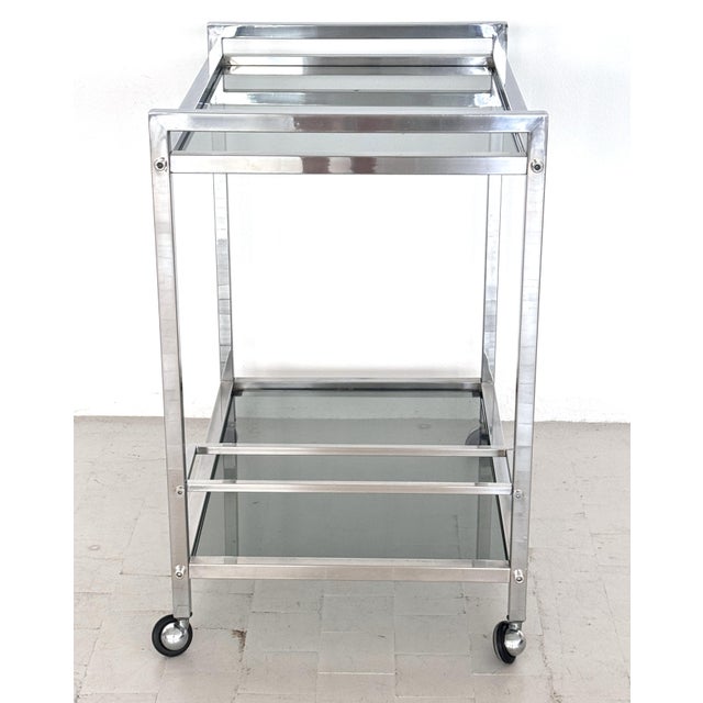 Glass Mid-Century Italian Chrome and Glass Two Tier Rolling Bar Cart, 1970s For Sale - Image 7 of 17