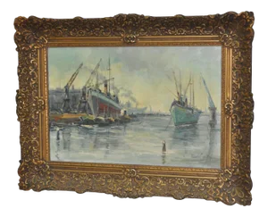 Bertus De Meij "Dutch Harbor" Original Oil Painting C.1940