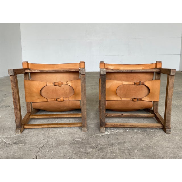 Brown Mid-Century Spanish Sling Lounge Chairs in Saddle Leather and Wood, 1960s, Set of 2 For Sale - Image 8 of 13