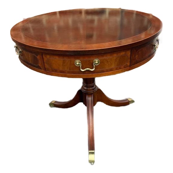 Late 20th Century Baker Furniture Federal Style Inlaid Mahogany Two-Drawer Pedestal Base Drum Table Side Table For Sale
