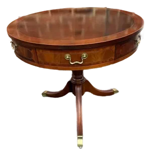 Late 20th Century Baker Furniture Federal Style Inlaid Mahogany Two-Drawer Pedestal Base Drum Table Side Table