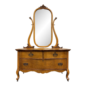Antique Victorian Tiger Oak Serpentine Dresser With Mirror
