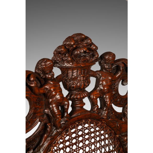 Set of 2 Antique 18th Century Jacobean Stuart Baroque Styled Hand-Carved Armchairs in Oak & Cane, England, Circa 1890s For Sale - Image 9 of 12