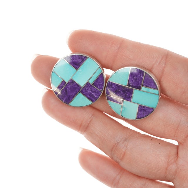 Late 20th Century 2pr Ray Tracey Knifewing Navajo Multi-stone channel inlay sterling earrings For Sale - Image 5 of 8