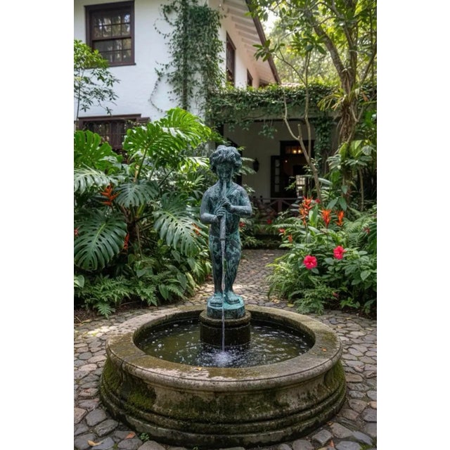 Verdigris Vintage-Style Bronze Boy Playing Flute Fountain With Verdigris Patina For Sale - Image 8 of 9