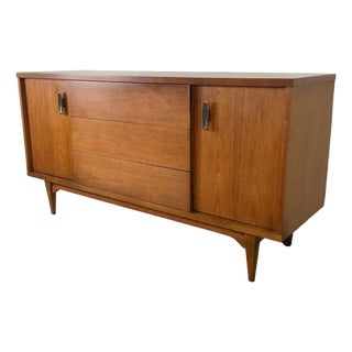 Vintage Mid-Century Modern Walnut Credenza With Sculptural Metal Pulls For Sale