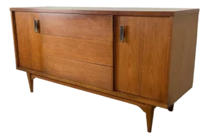 Vintage Mid-Century Modern Walnut Credenza With Sculptural Metal Pulls