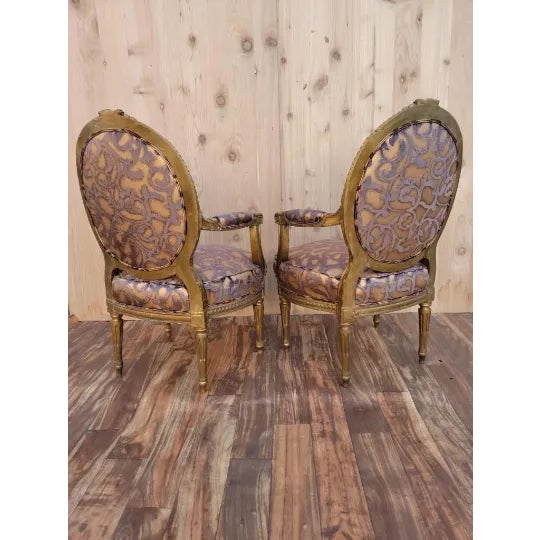 Antique French Louis XV Style Ornate Carved Giltwood Fauteuil Armchairs Newly Reupholstered - Pair For Sale - Image 10 of 11