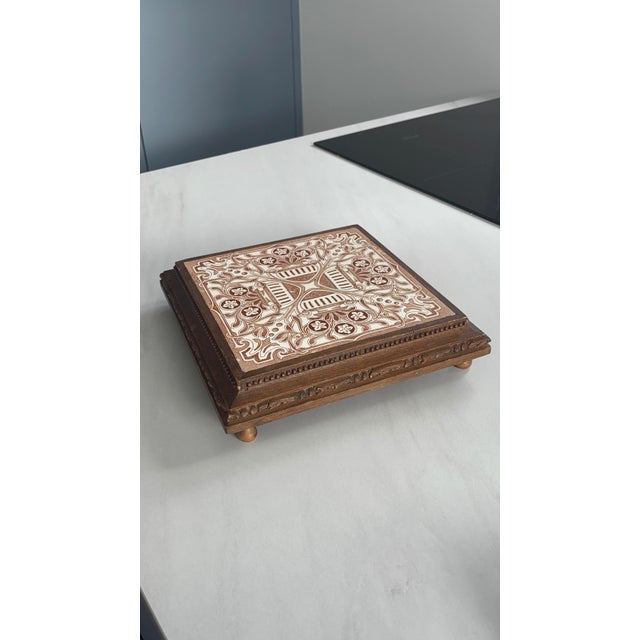 Wooden and Earthenware Trivet with Brown and Cream Tiles, France, 1920s For Sale - Image 3 of 11