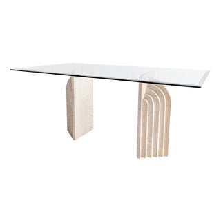 Travertine and Glass Dining Table with Sculpted Legs, 1970s For Sale