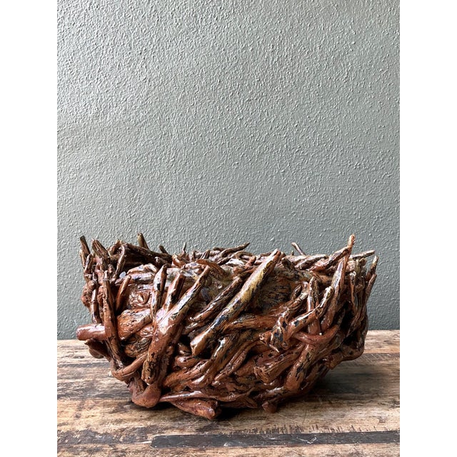 Mid 20th Century Vintage Rustic Brown Ceramic Twig Bowl For Sale - Image 5 of 13