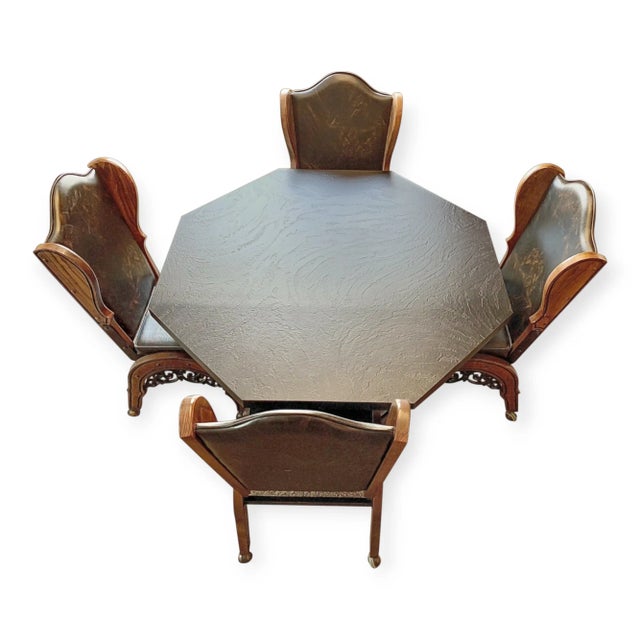 Very unique looking dungeon style chairs and table; Spanish Revival style. Possibly made in the 70s when this was en vogue.