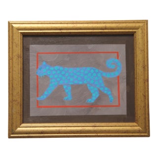 Leopard Folk Art Minimalism Shabby Chic Blue Beige Sepia Orange Original Oil Painting by Cleo Plowden For Sale