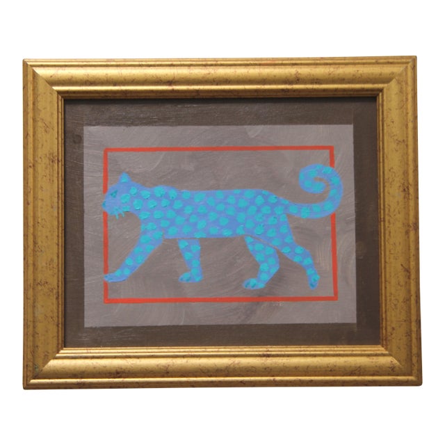 Leopard Folk Art Minimalism Shabby Chic Blue Beige Sepia Orange Original Oil Painting by Cleo Plowden For Sale