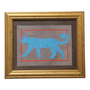 Leopard Folk Art Minimalism Shabby Chic Blue Beige Sepia Orange Original Oil Painting Cleo Plowden