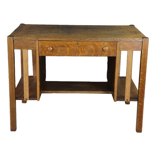 Antique Mission Arts Craft Quartersawn Oak Library Bookcase Table Desk Inkwell For Sale