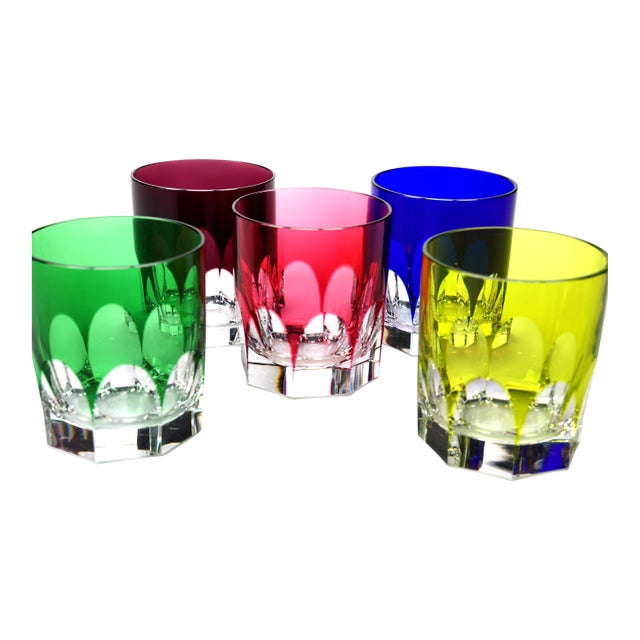 Vintage Cut-to-Clear Crystal Tumblers – Jewel-Tone Mid Century Barware - Set of 5 For Sale