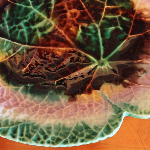Ceramic Large Antique Begonia Leaf Majolica Dish For Sale - Image 7 of 8