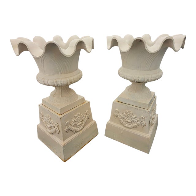 1930s Pair of Neoclassical Cast Iron Ruffle-Edge Garden Urns on Pedestals For Sale