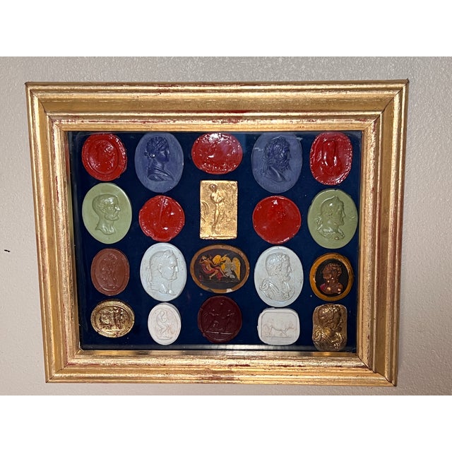 Grand Tour Italian Giltwood Shadow Box With Multicolor Grand Tour Neoclassical Intaglios and Cameos For Sale - Image 3 of 13