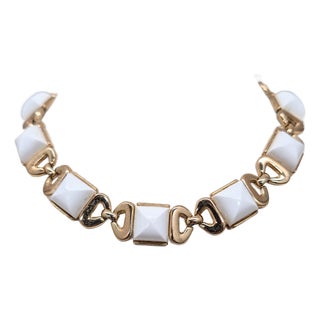 Vintage 1955-6 Signed Crown Trifari "Kashmir" White Sugarloaf Cabochon Rhinestones Collar Necklace For Sale
