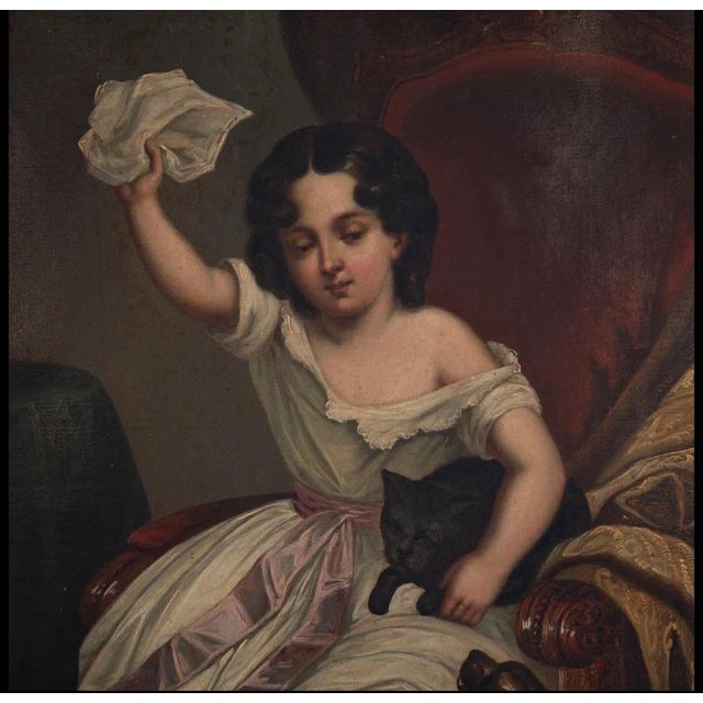 This antique oil painting tells a charming story of a young girl protectively shielding a cat while besieged by dogs,...