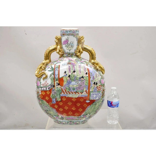 Orange Vintage Chinese Famille Rose Porcelain Figural Orange Moon Flask Vase W/ Dragons For Sale - Image 8 of 10