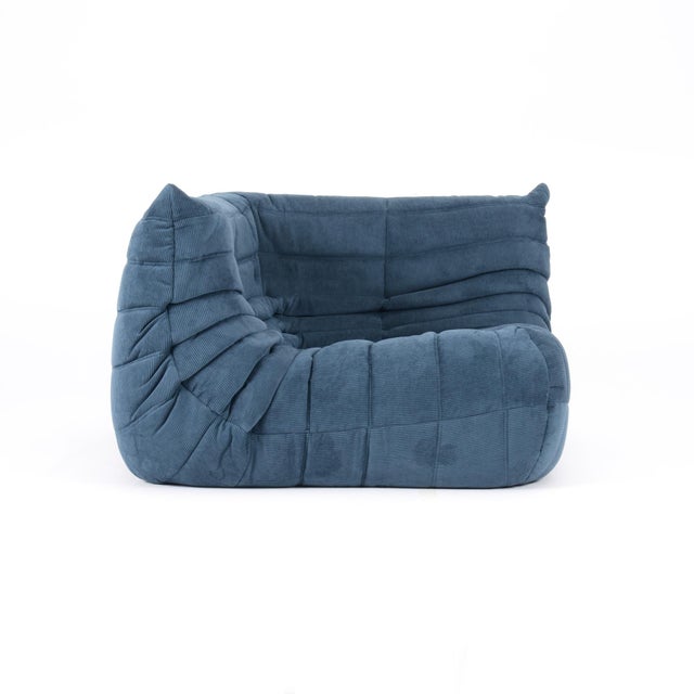 2000 - 2009 Ligne Roset Togo Corner Chair & Ottoman Set in Adriatic Blue Corduroy For Sale - Image 5 of 17