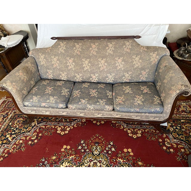 Textile 20th Century Duncan Phyfe Brocade Green Upholstered Sofa For Sale - Image 7 of 11