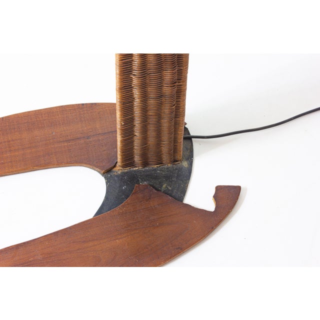 Italian Wood Arc Floor Lamp with Rattan Shade, 1970s For Sale - Image 10 of 18