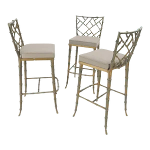 Cast Aluminum Faux Bamboo Bar Stools New Alcantera Fabric Upholstery - Set of 3