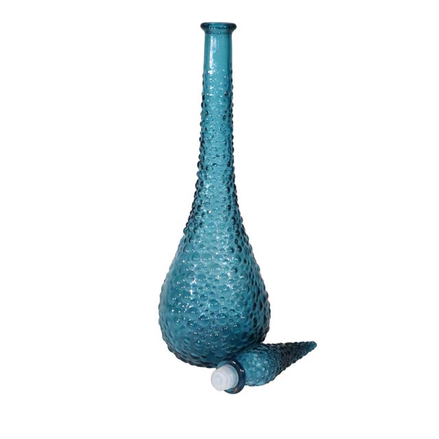 Vintage Empoli Genie Teal Blue Dimpled Bottle With Stopper Made in Italy C. 1960's For Sale - Image 11 of 12