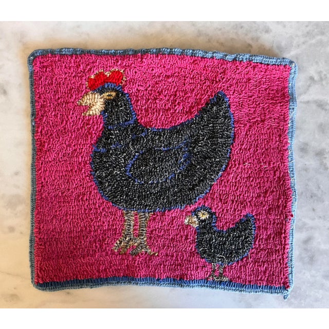 Vintage hooked wool textile wall hanging of a rooster in beautiful bright pink and grey blues. Would also be wonderful if...