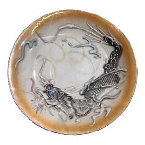 1950s Japanese Handcrafted Porcelain Lucky Dragon Saucer Plate Distressed