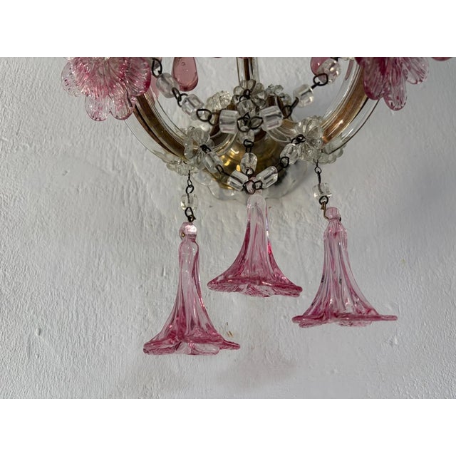 1930s C 1930 Rare Pink Cranberry Fuchsia Murano Flowers Crystal Sconces One of Kind For Sale - Image 5 of 11