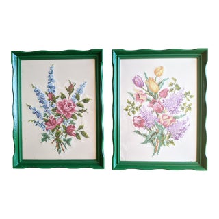 Vintage 1960s Cross Stitch Embroidery Flower Bouquet Framed Textile Art- a Pair For Sale