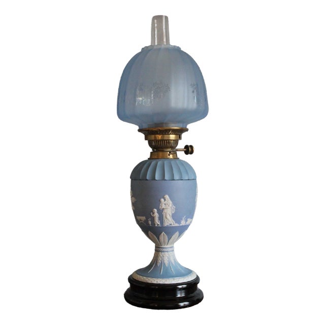 Victorian Oil Lamp attributed to Wedgwood in Jasper Ware Pattern, 1890s For Sale