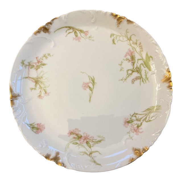 Antique Haviland & Co. Limoges French Porcelain Carnation Plate With Heavy Gold Rim For Sale